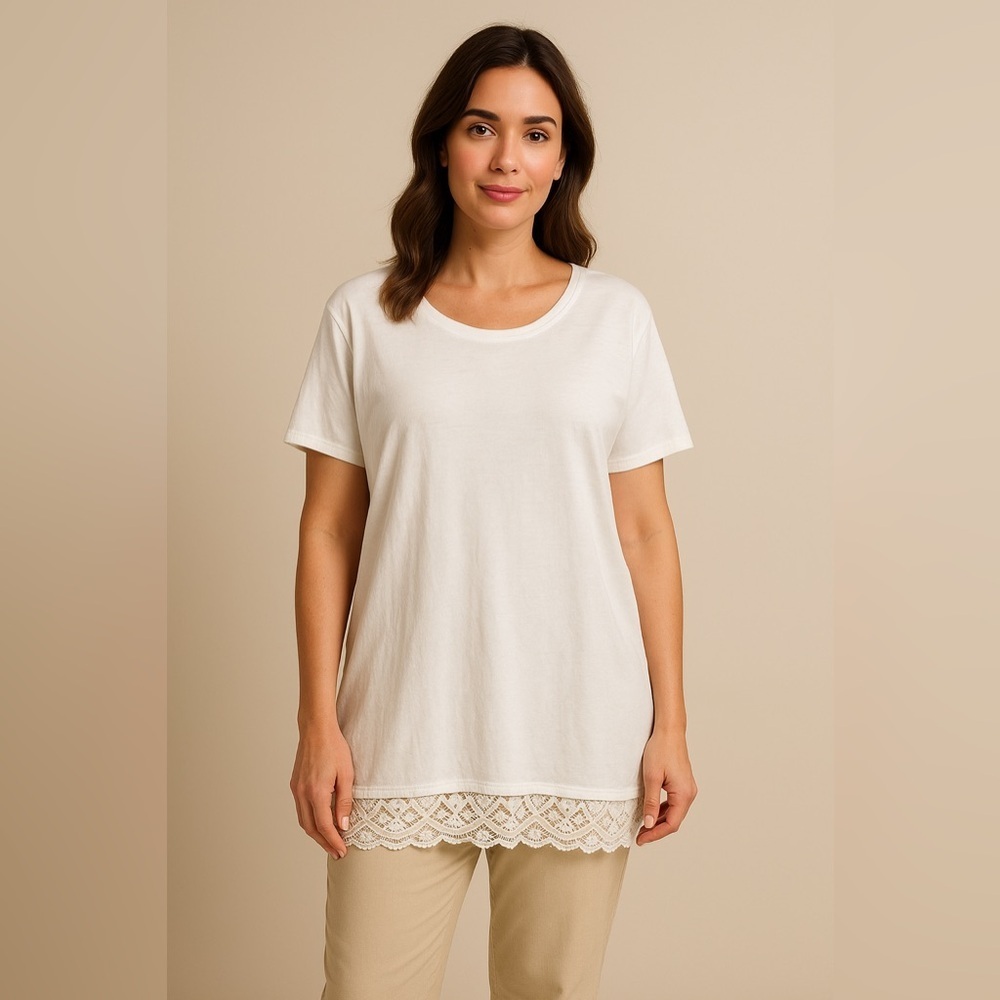 Chico’s White Cotton Slub Lace Hem Tunic Top Women’s 3 (XL) – Boho Modest